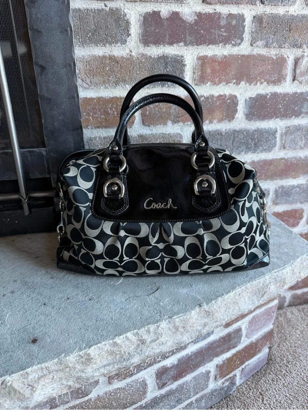 Authentic Coach Black and Cream Signature Satchel with Leather Trim